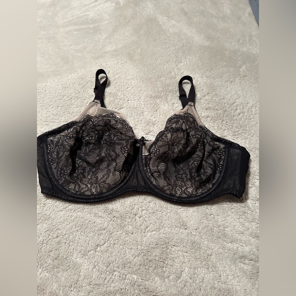 WACOAL Style 855186 Black Sheer Nude Lace Underwire Bra Full Figure 38DD